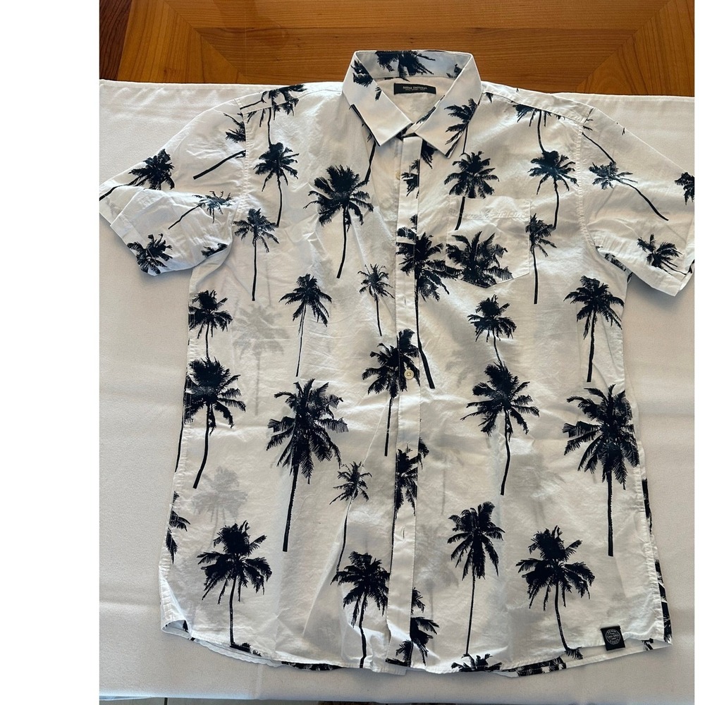 Shine‎ Original Mens XL White Black Palm Tree Print Short Sleeve Button Up Shirt
